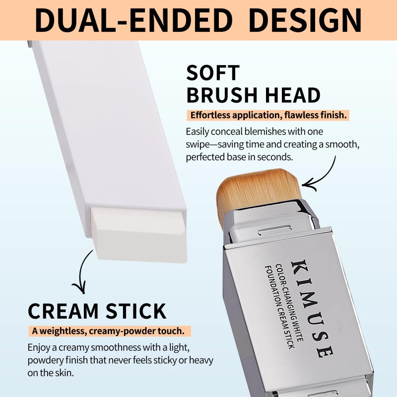 KIMUSE Color-Changing White Foundation Cream Stick, Long Lasting Color Changing Foundation, Medium to Full Coverage Stick Base Makeup, Dual-Ended with Brush - Image 3